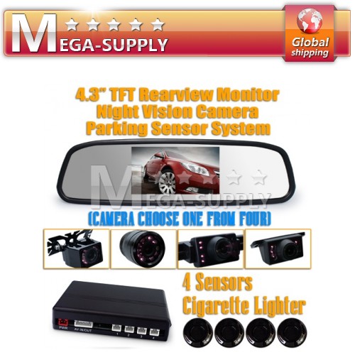 4.3" Rear View Mirror 4 Parking Sensors Alarm Car Reversing Kit + Back Up Camera