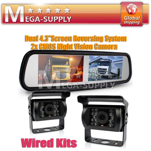 Motorhome Lorry Car Dual 4.3" LCD Rearview Mirror Monitor+ 2 Reversing IR Camera