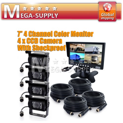 12V-24V 4pin CCD Reversing 4x Camera +7" Split Quad Rear View TFT LCD Monitor